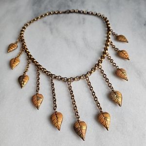 1930s Dangling Leaves Bib Necklace Bookchain Goldtone Brass Dangle 1940s Vintage